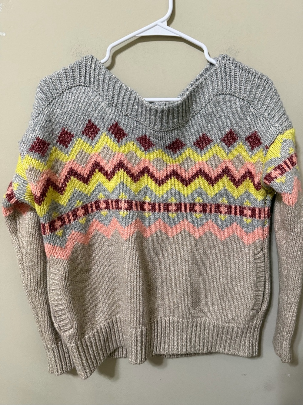 Victorias Secret small Fair Isle Crewneck Sweater Beige Pink Yellow pockets euc